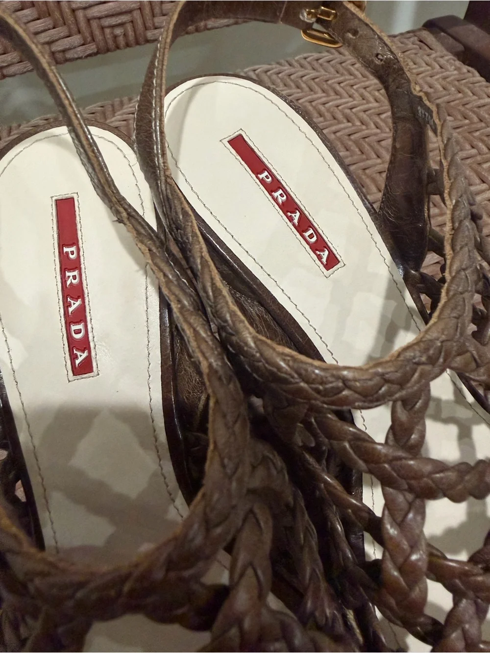 New Prada Brown Braided Espadrille Wedge Sandals